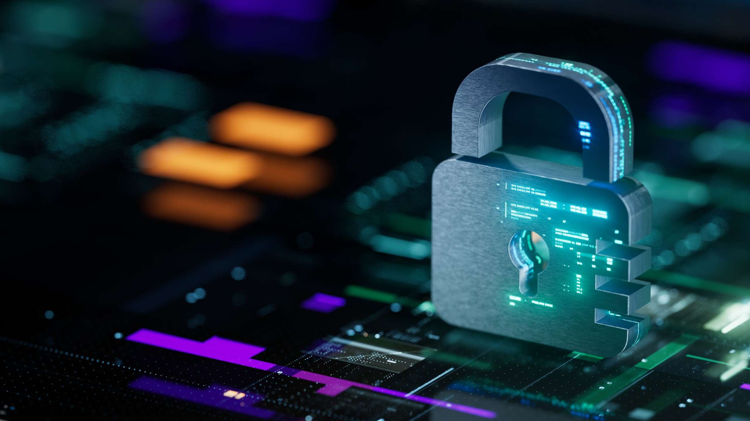 High-tech digital padlock placed on a futuristic virtual interface, symbolizing cybersecurity and data protection.