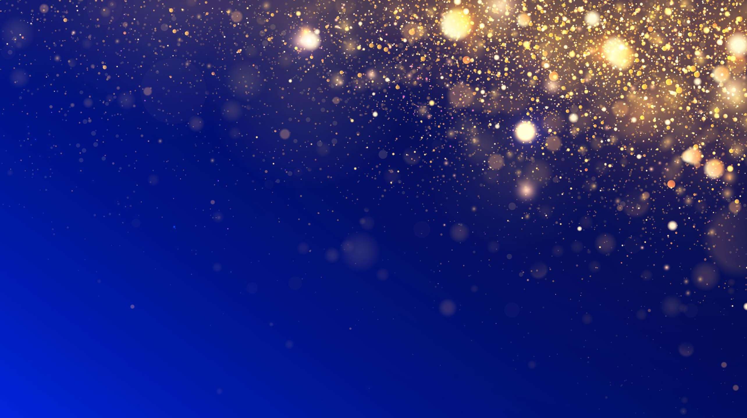 Deep blue background with golden lights or particles scattered in the upper half, creating a festive and magical atmosphere. 